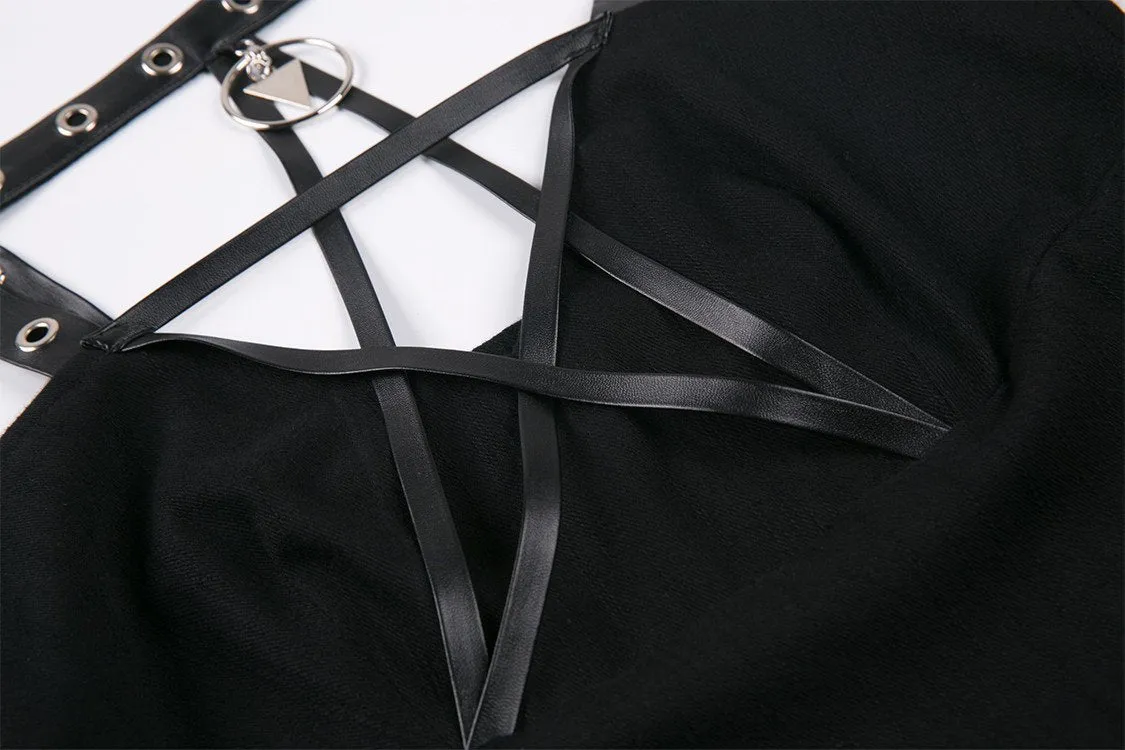 Punk knitted high-low dress with leather star across neck DW184