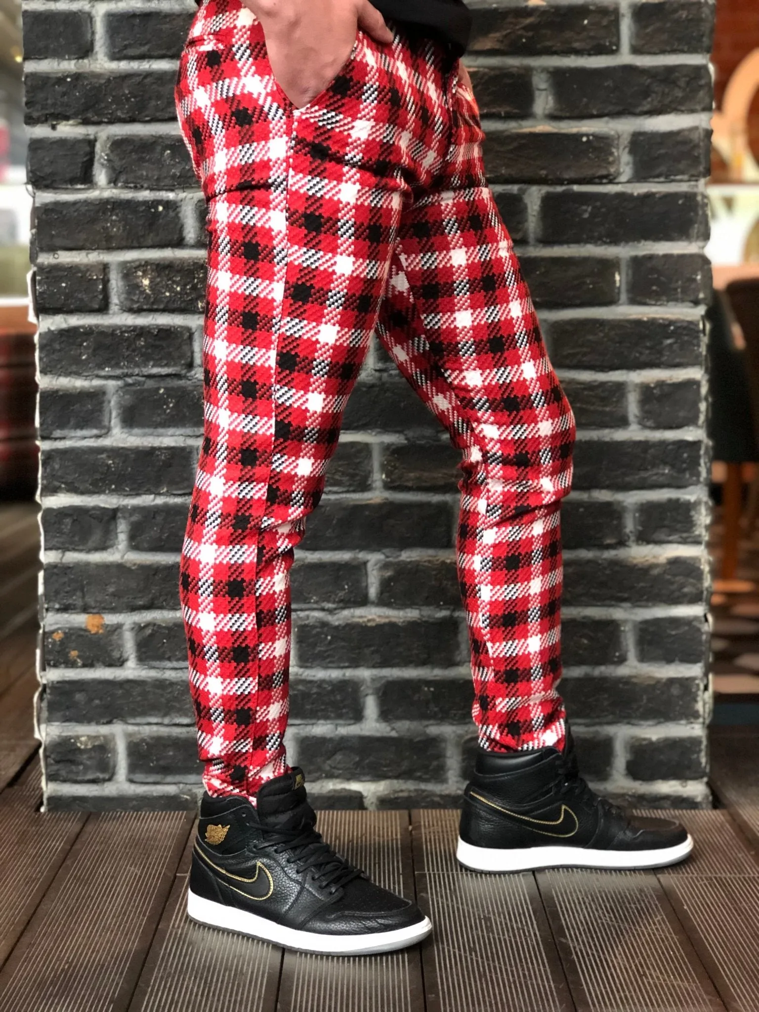 Red Mixed Colour Checkered Slim Fit Casual Pant DJ129 Streetwear Pant