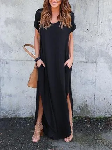 Solid Color V-neck Loose With Pockets Maxi Dress