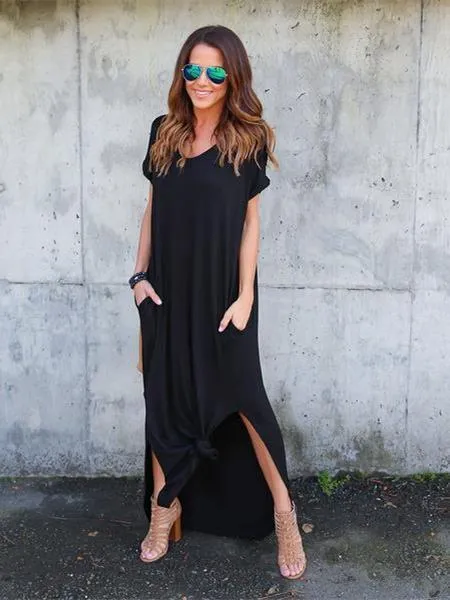 Solid Color V-neck Loose With Pockets Maxi Dress