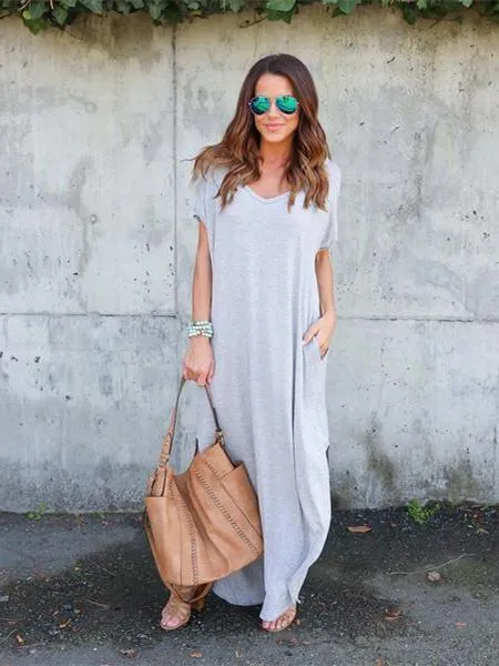 Solid Color V-neck Loose With Pockets Maxi Dress