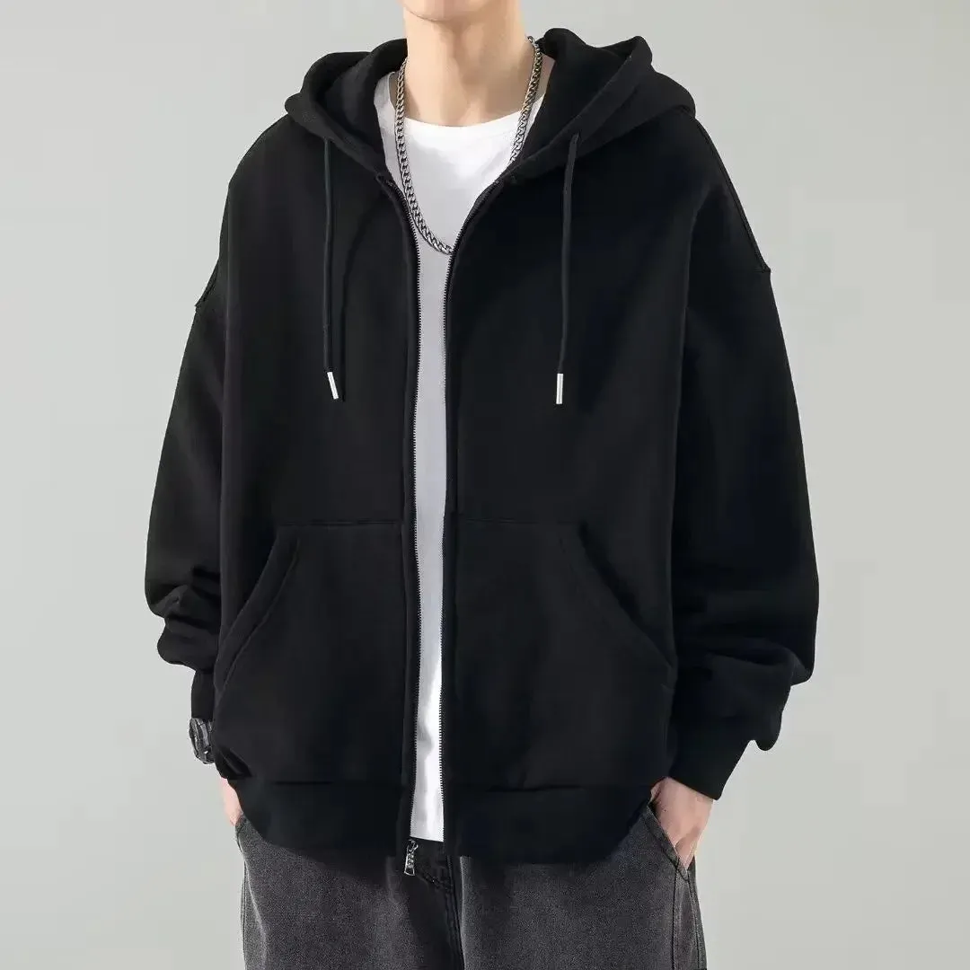 Sweatshirts for Man Black Hooded Men's Clothing Full Zip Up Solid Hoodies Autumn Winter Novelty and High Quality Simple Loose