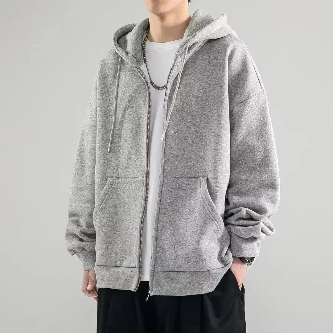 Sweatshirts for Man Black Hooded Men's Clothing Full Zip Up Solid Hoodies Autumn Winter Novelty and High Quality Simple Loose