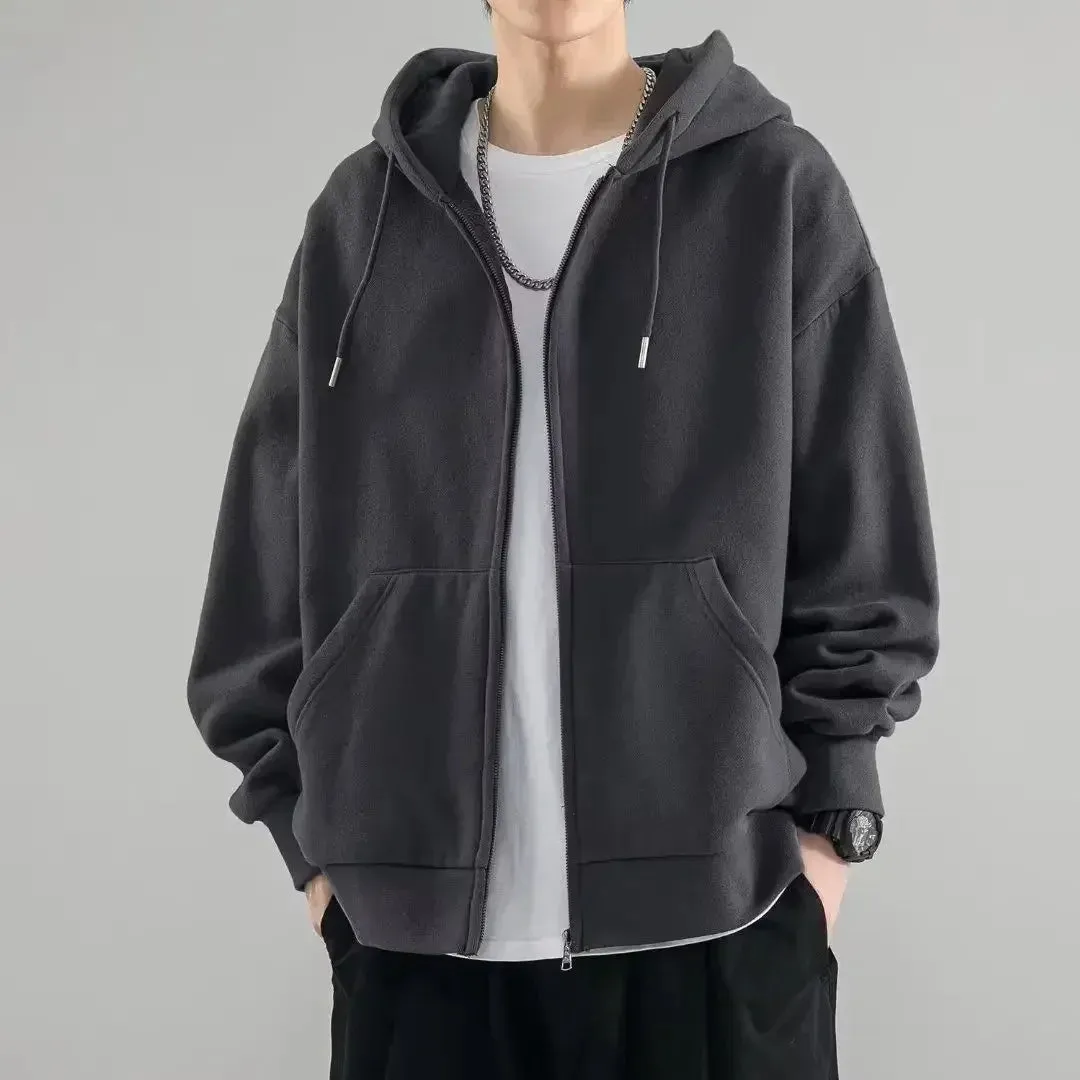 Sweatshirts for Man Black Hooded Men's Clothing Full Zip Up Solid Hoodies Autumn Winter Novelty and High Quality Simple Loose