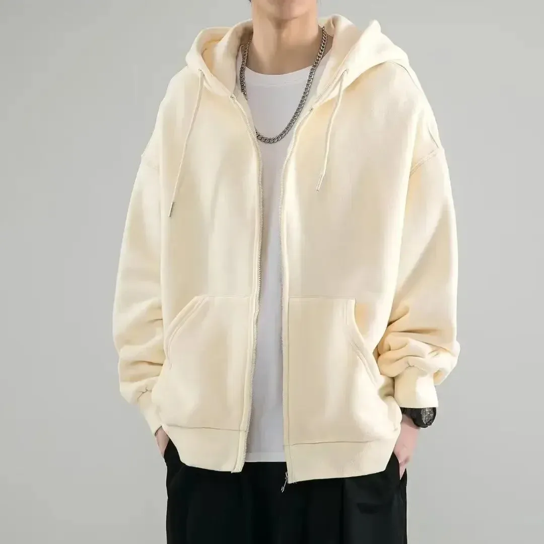 Sweatshirts for Man Black Hooded Men's Clothing Full Zip Up Solid Hoodies Autumn Winter Novelty and High Quality Simple Loose