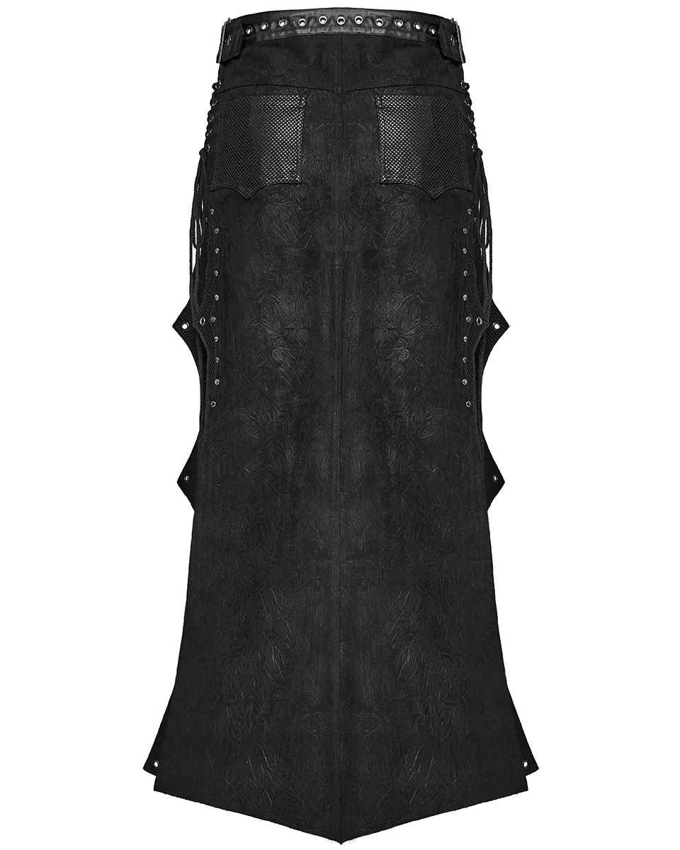 WQ-737BQM-BKM Mens Long Apocalyptic CyberPunk Mesh Contrast Kilt Skirt