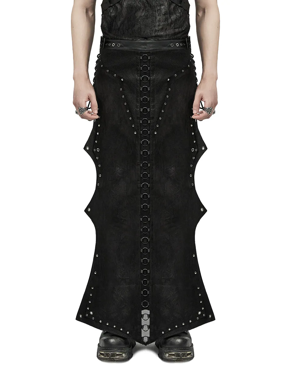 WQ-737BQM-BKM Mens Long Apocalyptic CyberPunk Mesh Contrast Kilt Skirt